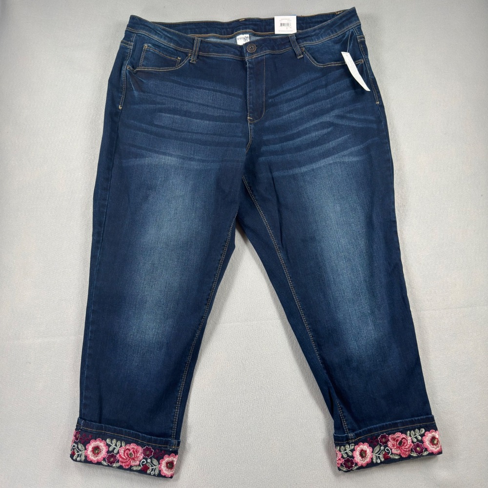 Terra & Sky Womens 20W Cropped Boyfriend Jeans Floral Embroidered Cuff Dark Wash